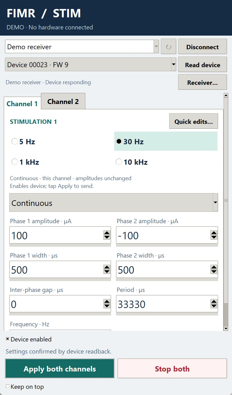 FIMR Stim shown in a phone frame: receiver and device selectors, tabs for channels 1 and 2, frequency presets with 30 Hz selected, amplitude, width, gap and period fields, a note that settings were confirmed by device readback, and Apply both channels and Stop both buttons
