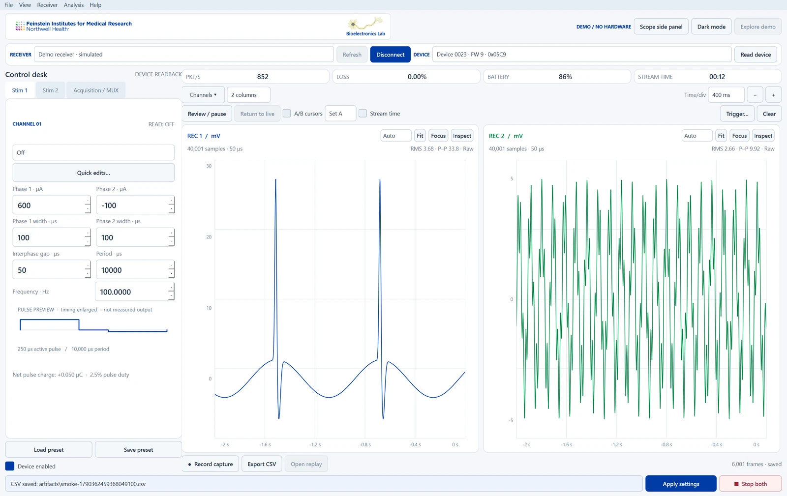 FIMR Studio with the stimulation settings panel on the left and two recording channels plotted on the right