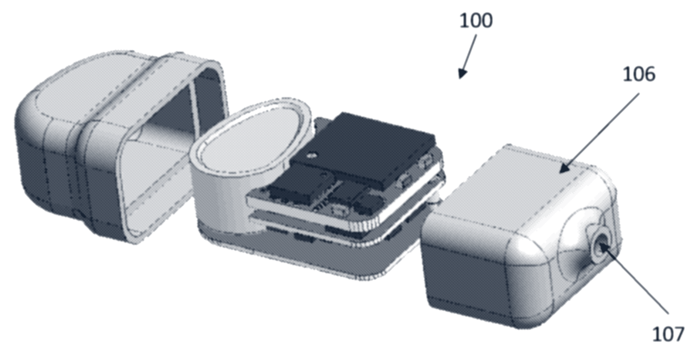 Patent drawing of the implant with the two halves of its housing pulled apart, exposing the stacked circuit boards and battery; one housing segment has a small feedthrough port at its end