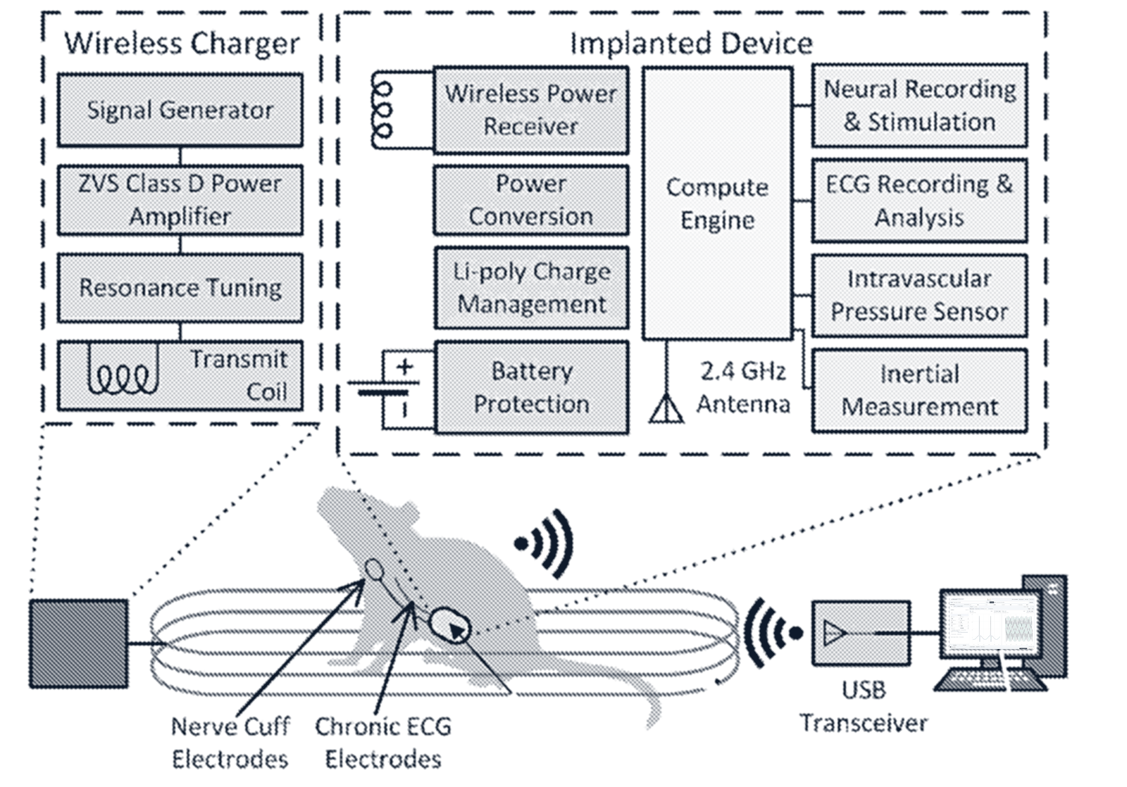 Block diagram of the wireless charger and the implanted device above a mouse inside a charging coil, linked wirelessly to a USB transceiver and a computer running FIMR Studio
