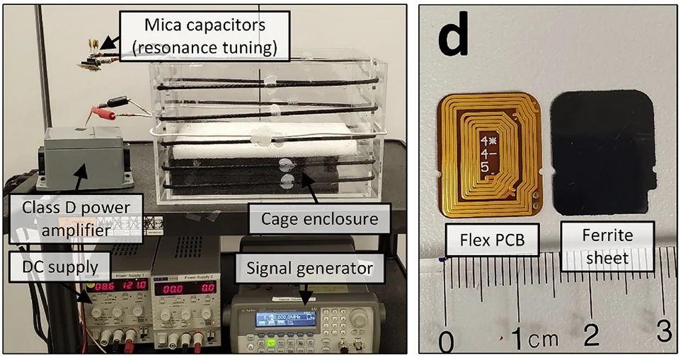 Photograph of the charging setup: a clear cage wound with coils, a class D power amplifier, mica tuning capacitors, DC supplies and a signal generator; beside it, a flexible printed receive coil and a ferrite sheet on a centimeter ruler